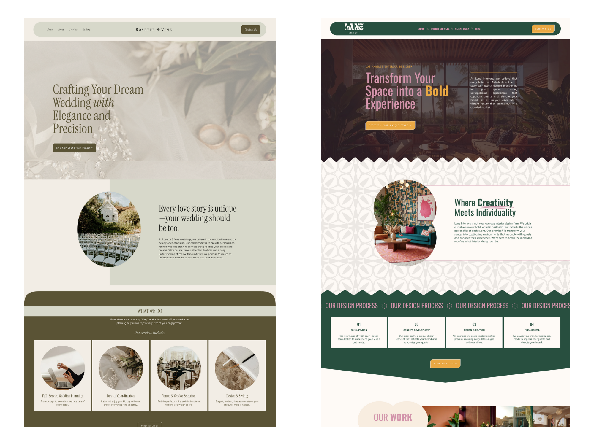 screenshots of two website pages, a wedding website and an interior designer website