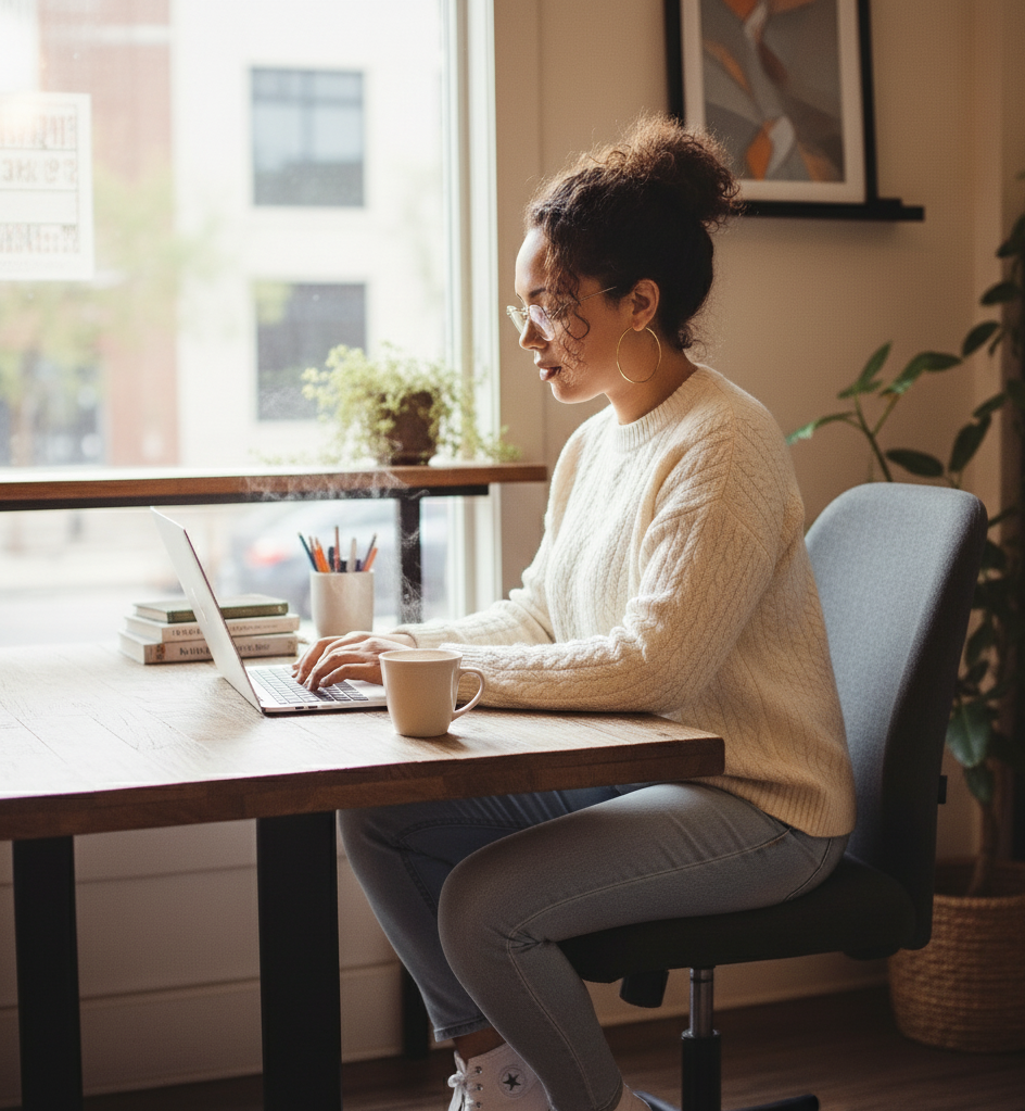 woman sitting at a table working on her laptop with a steaming cup of coffee next to her