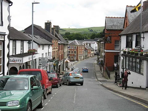 Broad Street, Knighton's main shopping street, with many independent shops.