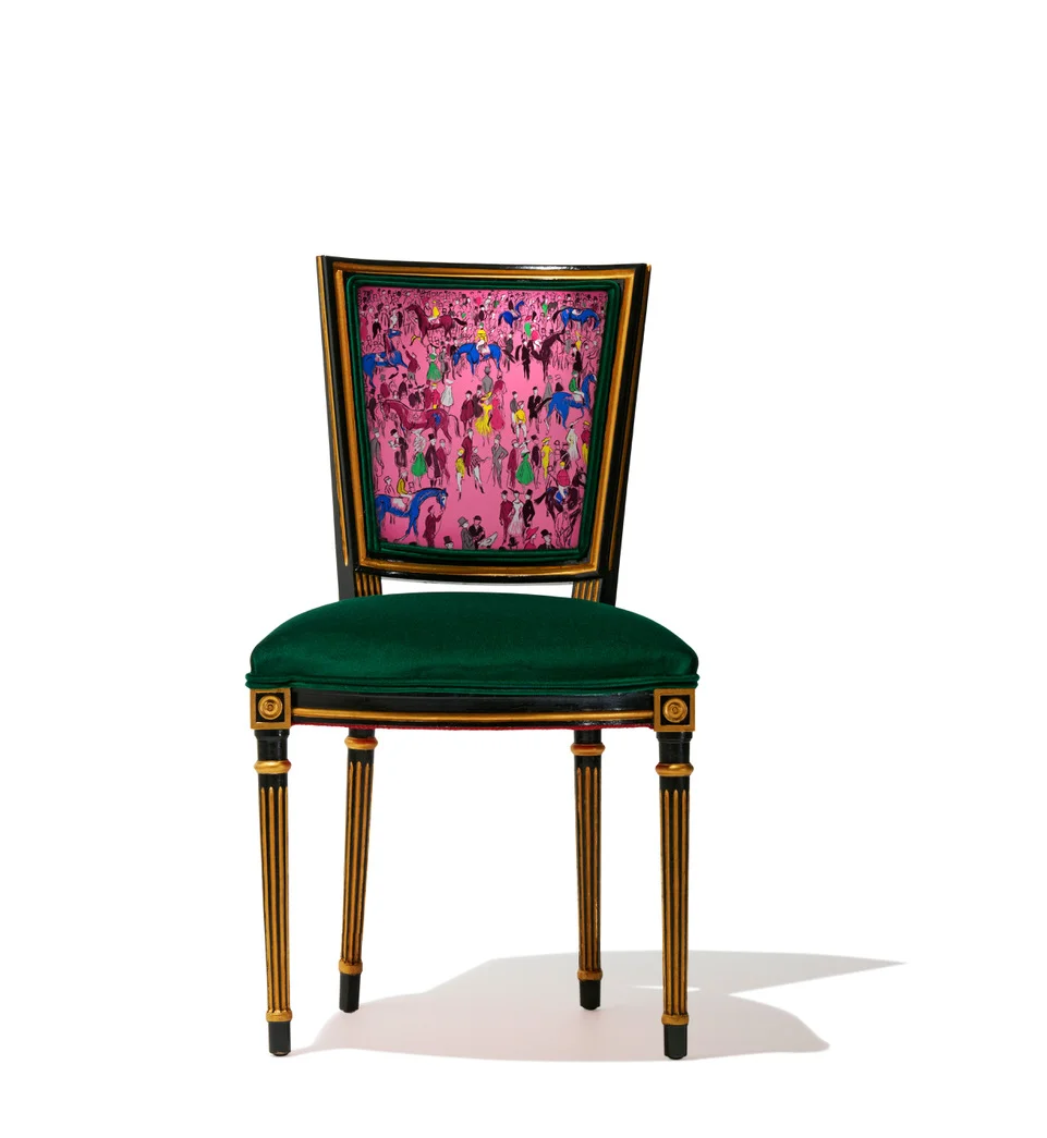 ZARA | Retail $4250 Meet Zara. Rich Emerald Velvet, Hermes, "Paddock" silk twill, hand rolled, (100% silk) scarf accent, Color: bright pink/blue/yellow Energetic & social, Zara is one who is always eager to entertaining. Whether it be a quiet dinner party or a day at the horse races, Zara's spirited demeanor will uplift the crowd around her. 