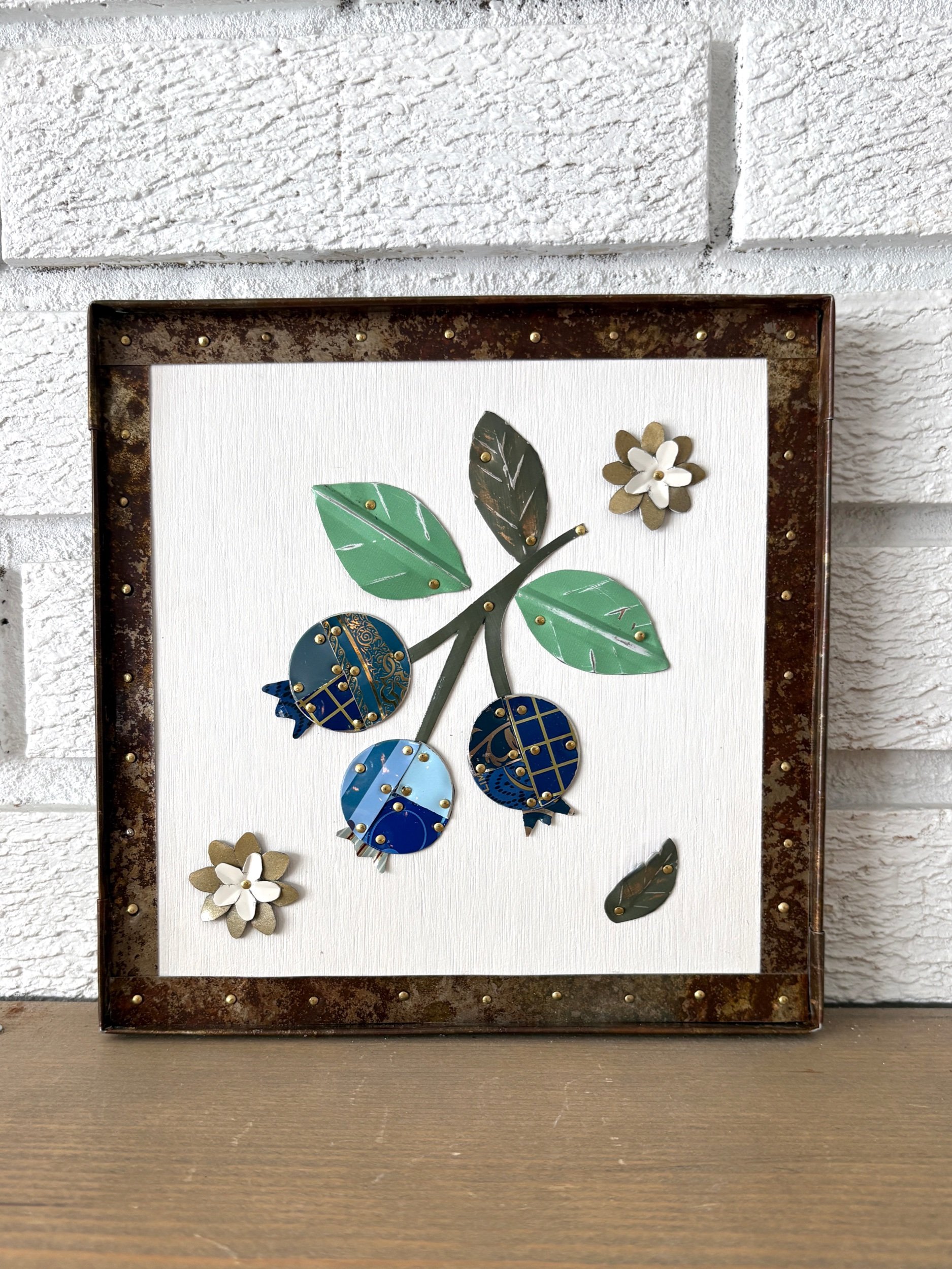Handmade Blueberry Tin Collage Art | Reclaimed Metal Wall Art | Whimsical Fruit Decor