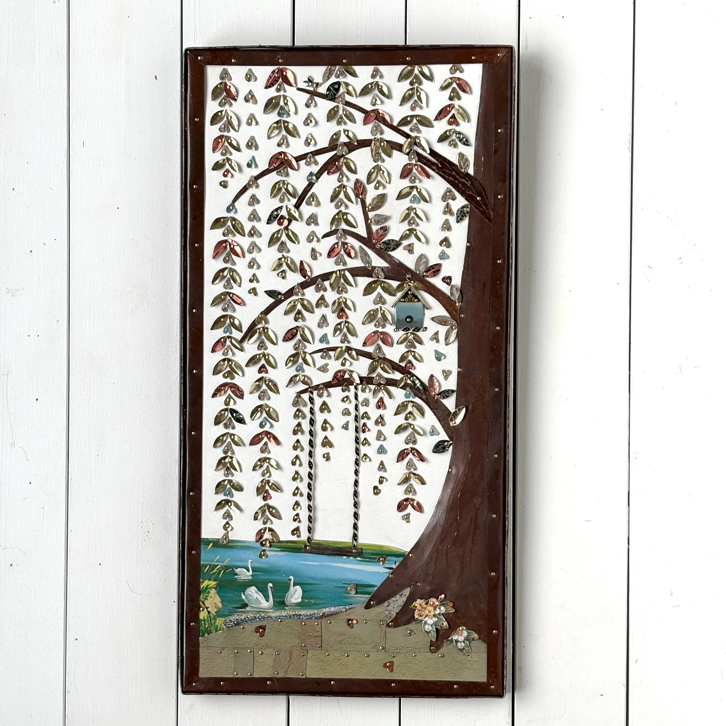 The Swing, whimsical tree wall art handmade from vintage tins by Wallflower H&G