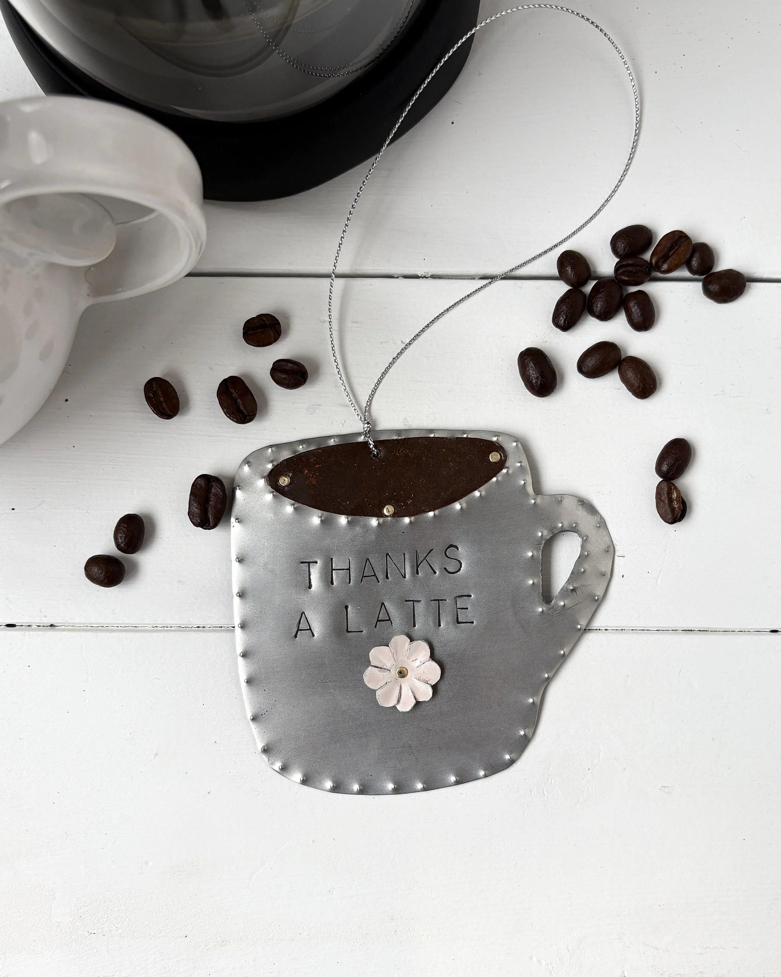 The Mug Matters tin coffee ornament with coffee beans rustic handmade tin art