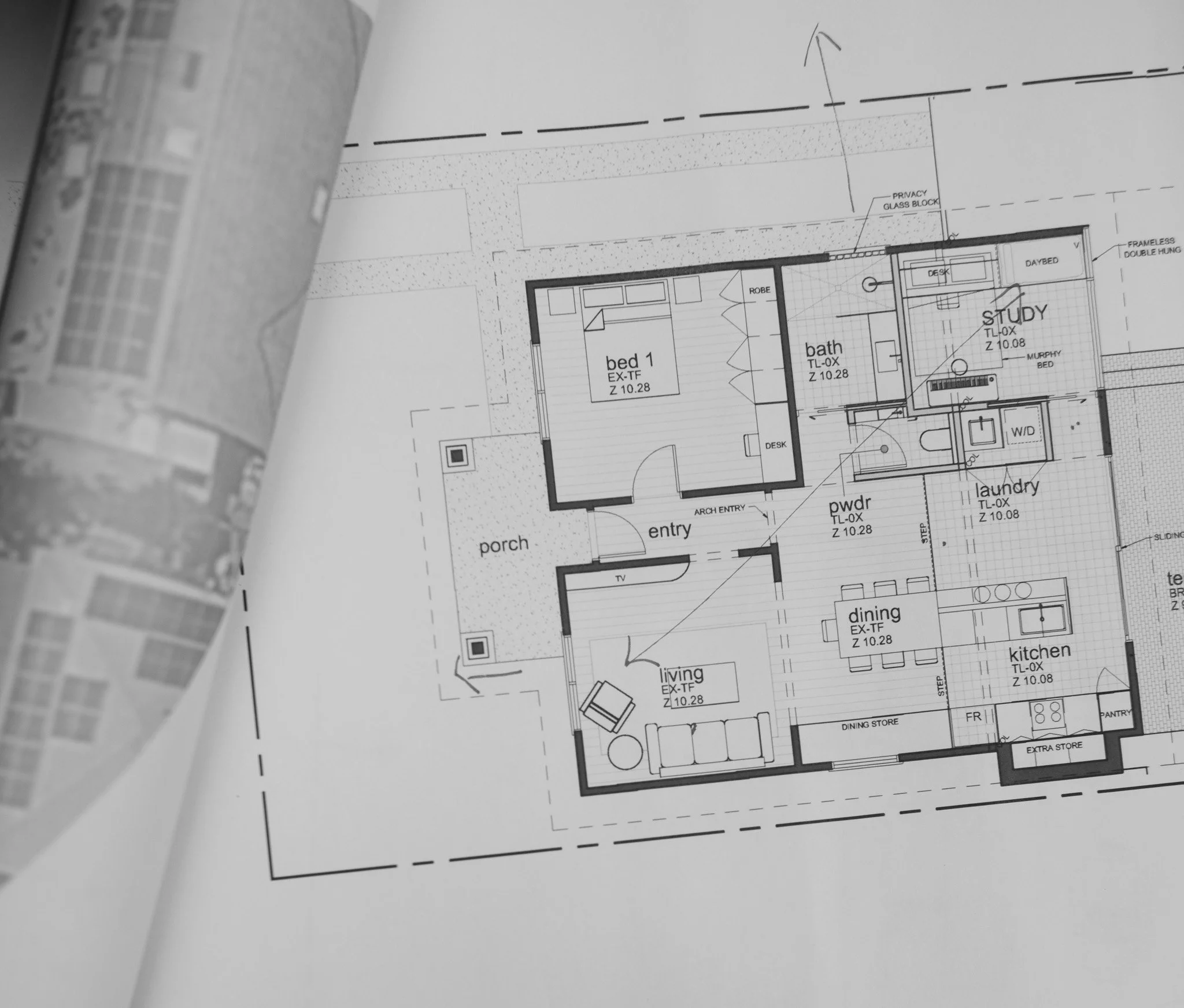 Architectural floor plan of a house showing rooms and layout.