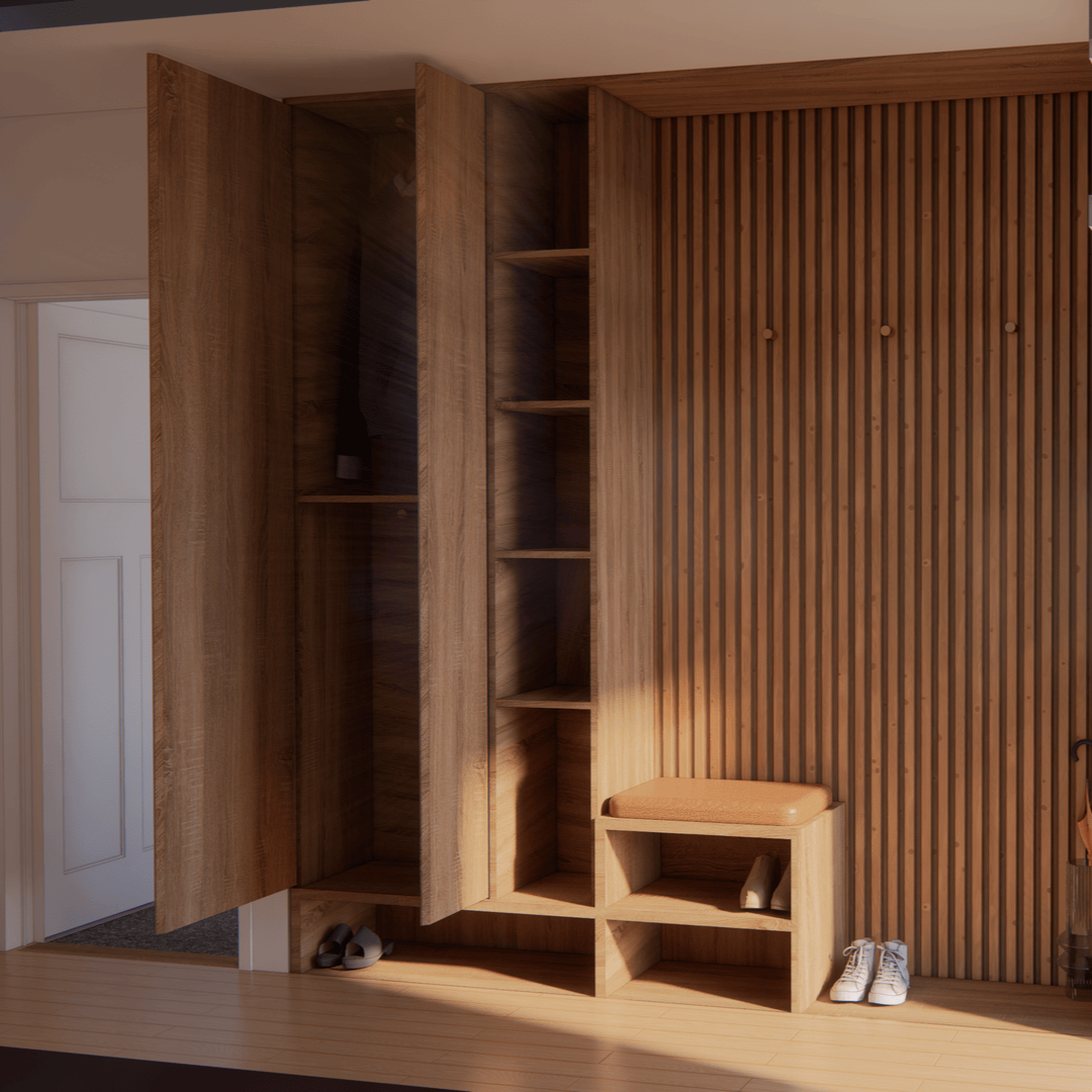 A wooden built-in closet with open shelves and a small cushioned bench, located in an entryway with a pair of shoes on the floor and a sliding wooden slat wall.