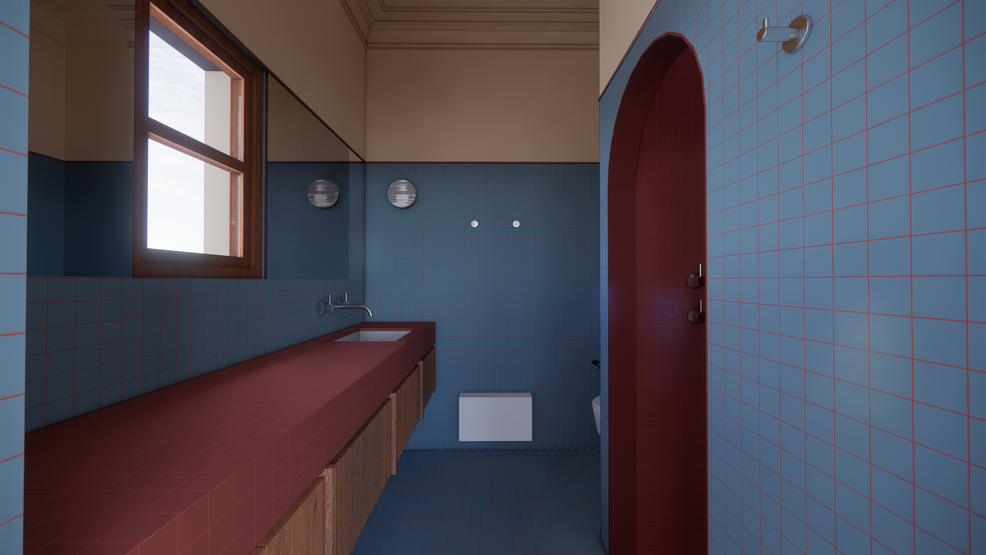 A bathroom with blue tiled walls, a red tiled countertop with a sink, a window with wooden framing, and a red shower enclosure.