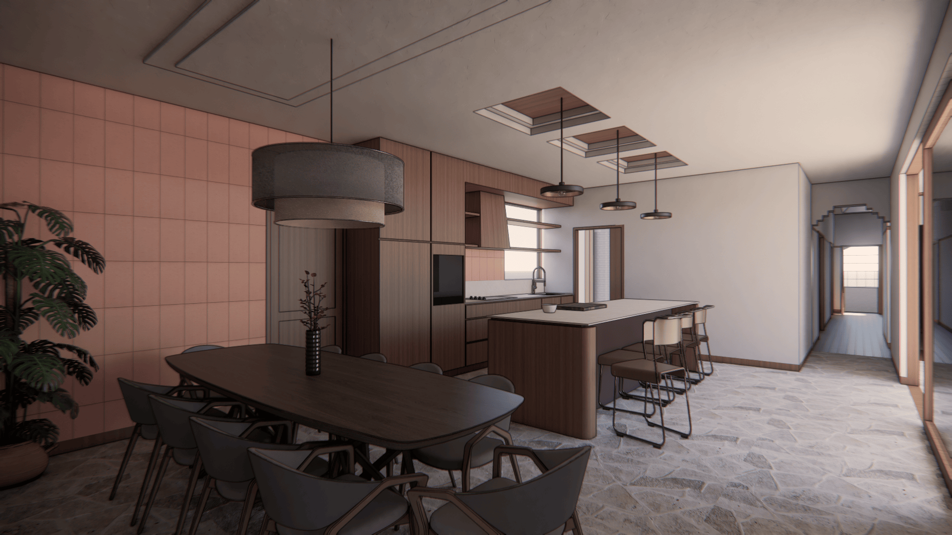 Modern kitchen and dining area with pink tiled wall, wooden cabinets, kitchen island, bar stools, dining table with chairs, large pendant lights, and natural light coming from large windows and open doorway.