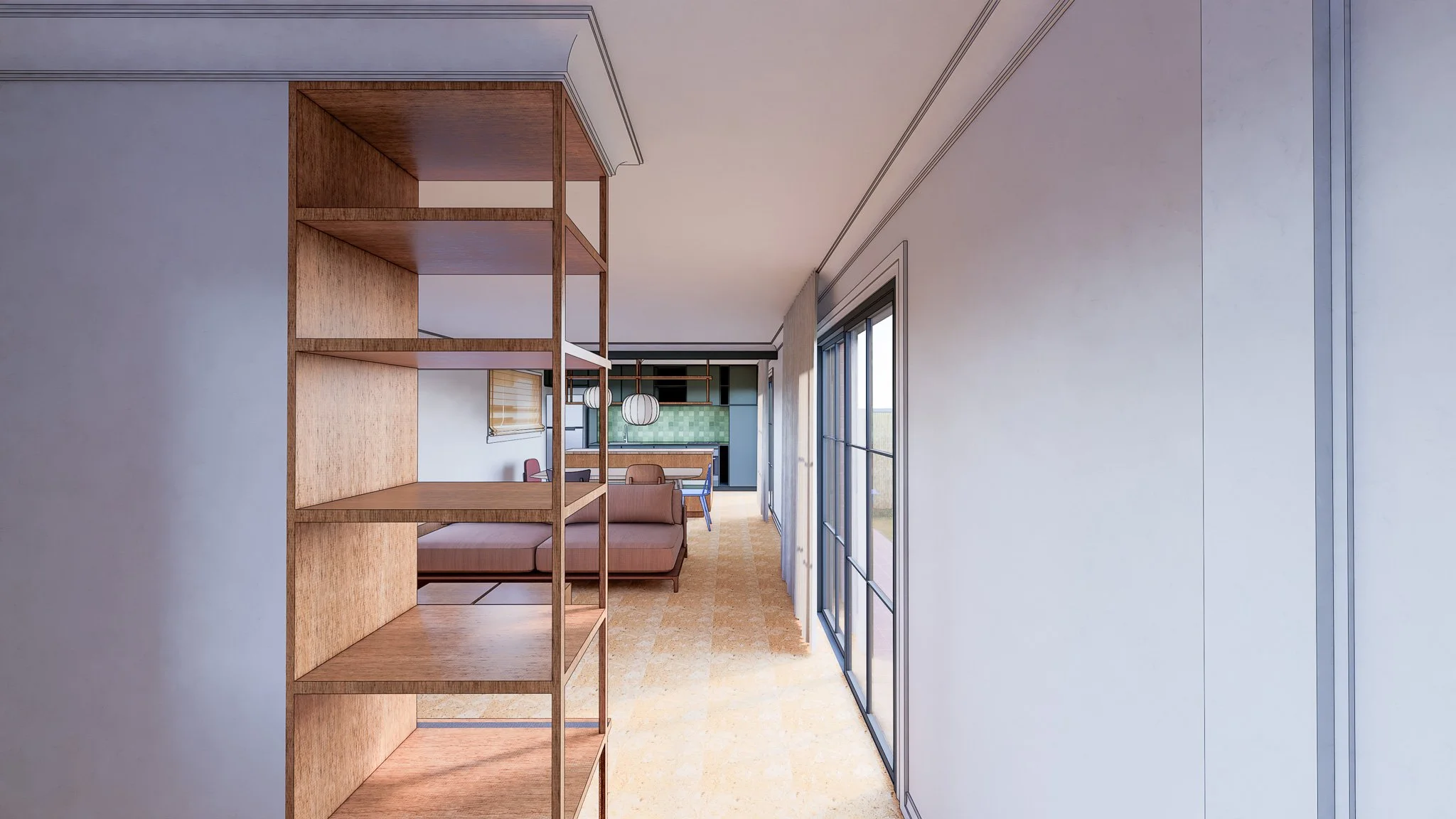 View of a modern living room and kitchen with natural light through large windows, featuring a wooden shelving unit in the foreground and light-colored flooring.
