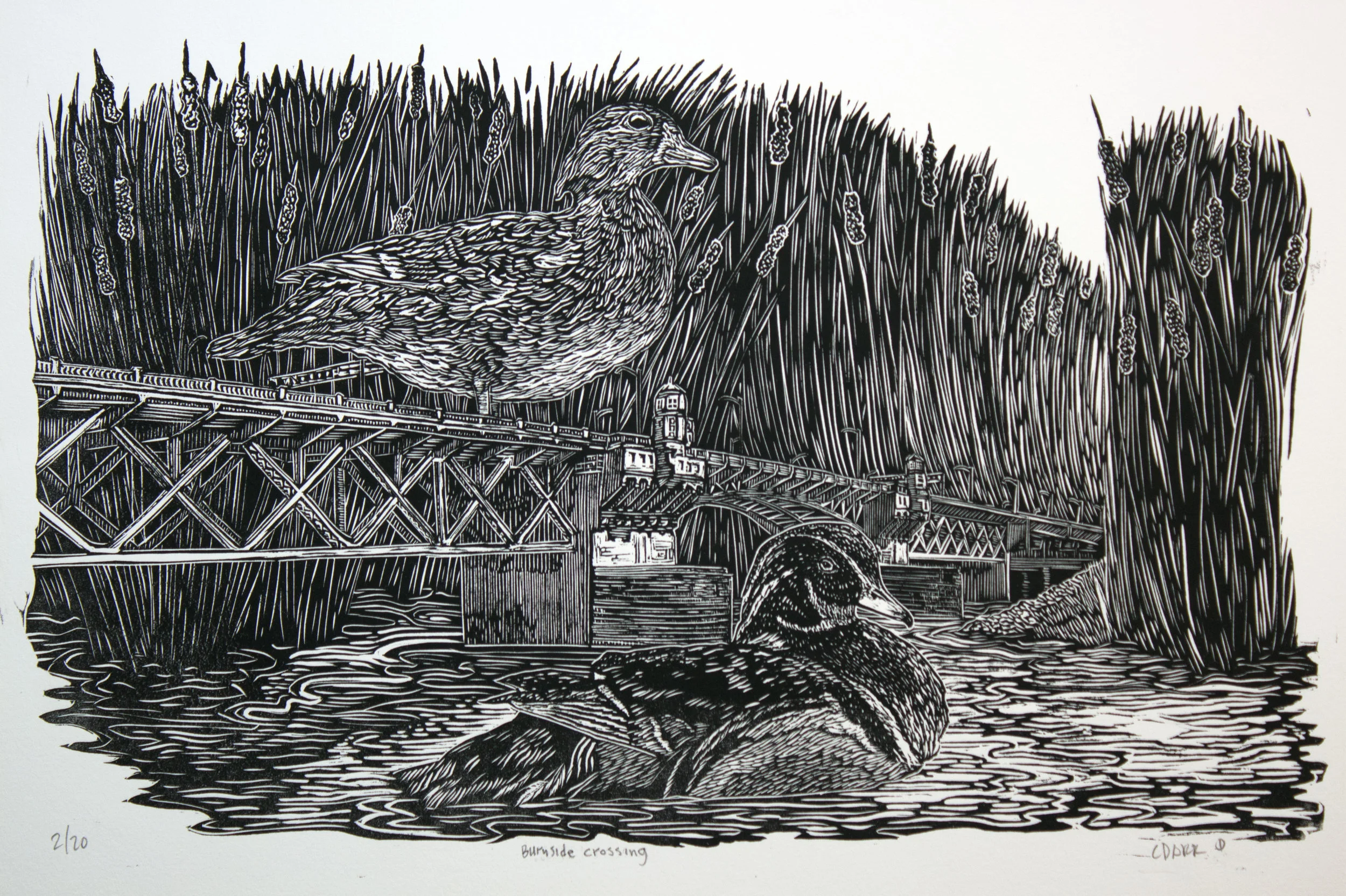 "BURNSIDE CROSSING" linoleum print
