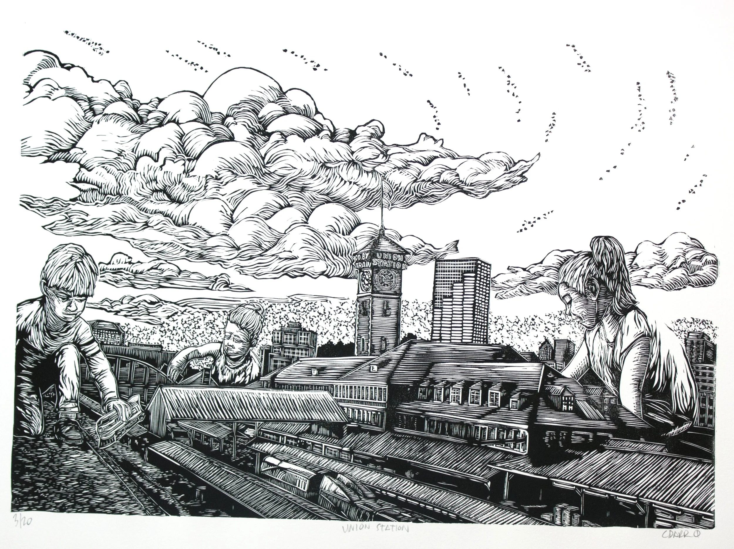 UNION STATION linocut print