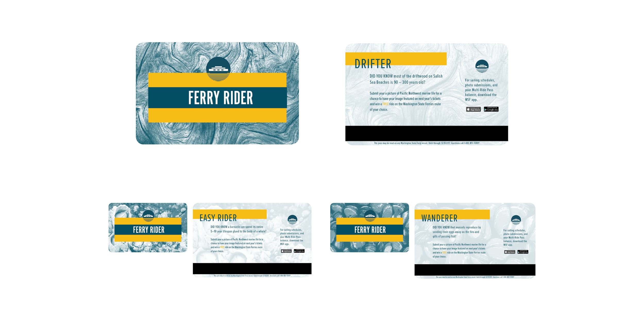The existing multi-ride tickets are replaced with plastic swipe cards. A card that can stand months of wear and tear in a wallet drastically improves ease-of-use for commuters who ride the ferries on a weekly, monthly or daily basis. Further, these cards offer the future possibility for the ferries to switch their cards to a reloadable debit system. Riders have the option to select their image, which will change seasonally. These winter images feature driftwood, barnacles, and mussels. On the back of each card is a friendly title and interesting fact about the featured image. The cards then prompt riders to submit their own Pacific Northwest photography for the chance to be featured on next season's card.