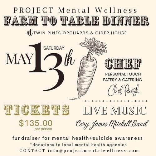 Join us for a&hellip;

🍎 Farm to Table Dinner 🍎 

Saturday May 13 join us for an incredible evening to support @projectmentalwellness, an organization dedicated to awareness for mental health and suicide.

This will be an evening filled with fantas