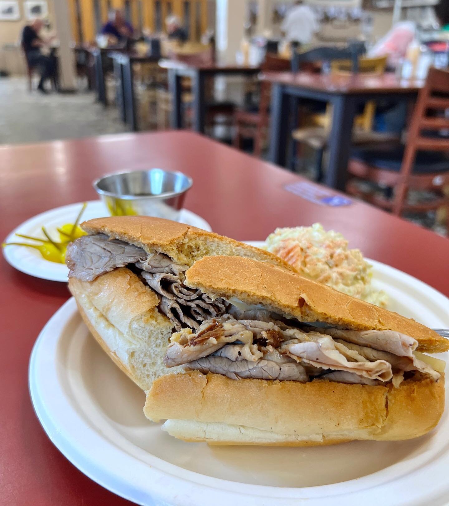 The one and only Philippe's for a classic Double Beef Dip with Swiss. I got it &quot;dry&quot; with au jus on the side for dippin'. Otherwise you can order it &quot;wet&quot; for the au jus dip at the counter. Classic service and so glad to visit aft