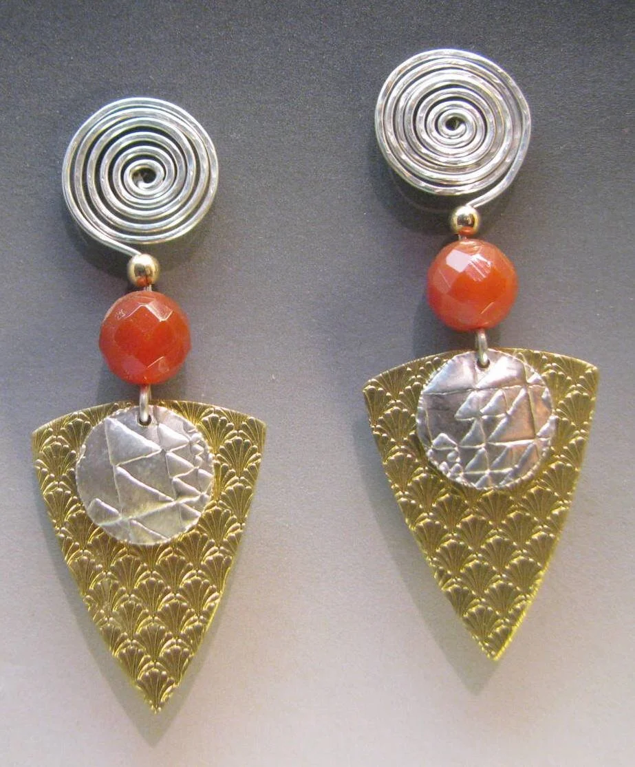 Shield Shaped Mixed Metal Earrings with Carnelian beads and Silver Spiral Ear Wires