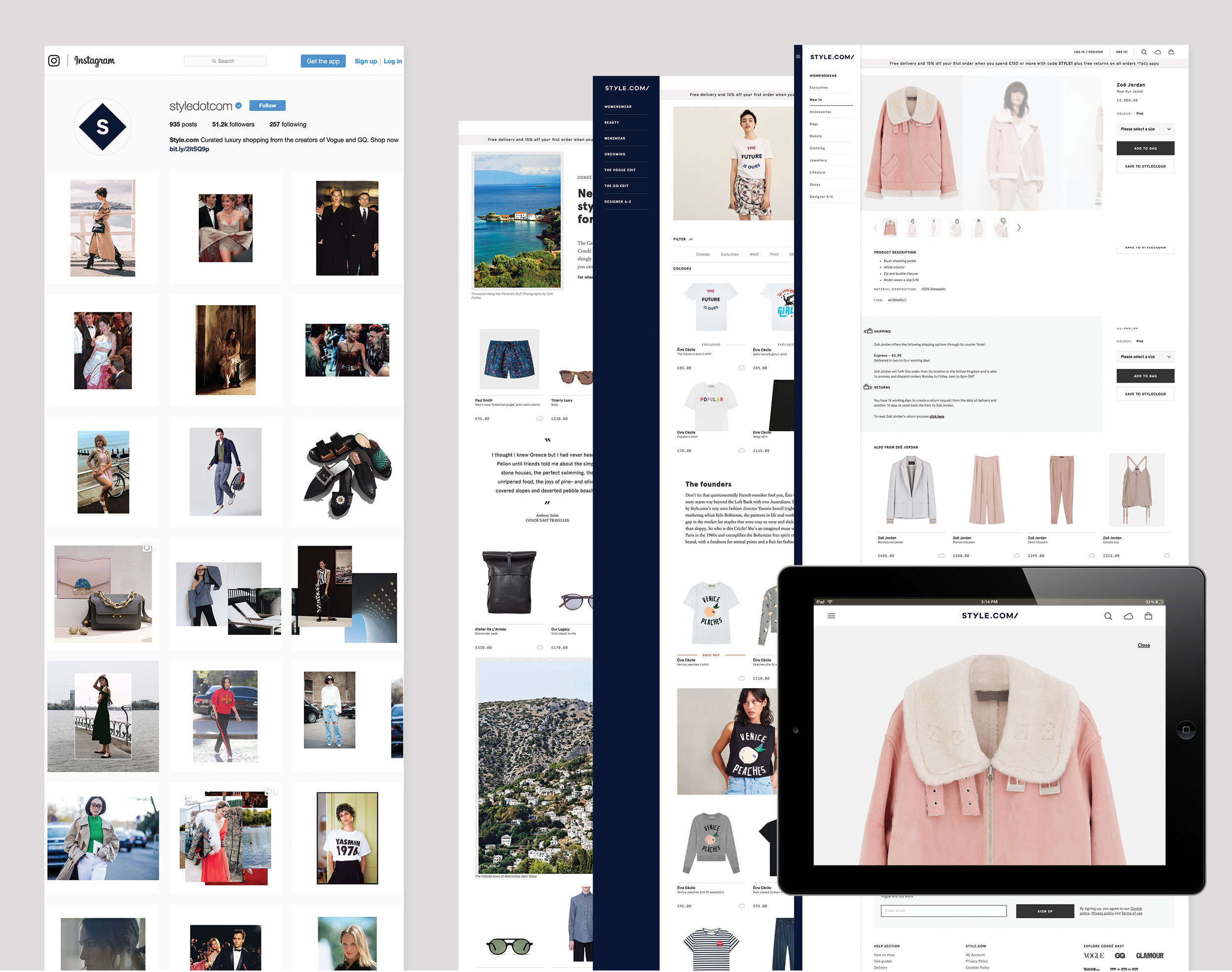Social media tiles / Desktop editorial content / Brand listing page / Desktop product display page with zoom functionality