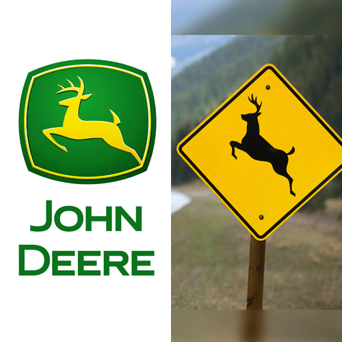 The John Deere logo, and a deer-crossing sign.