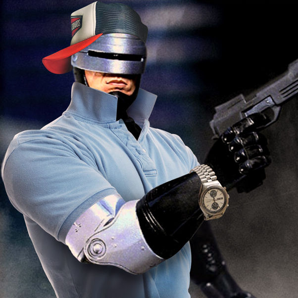 Robocop_wearing_trucker_hat_polo_shirt_gold_watch.jpg