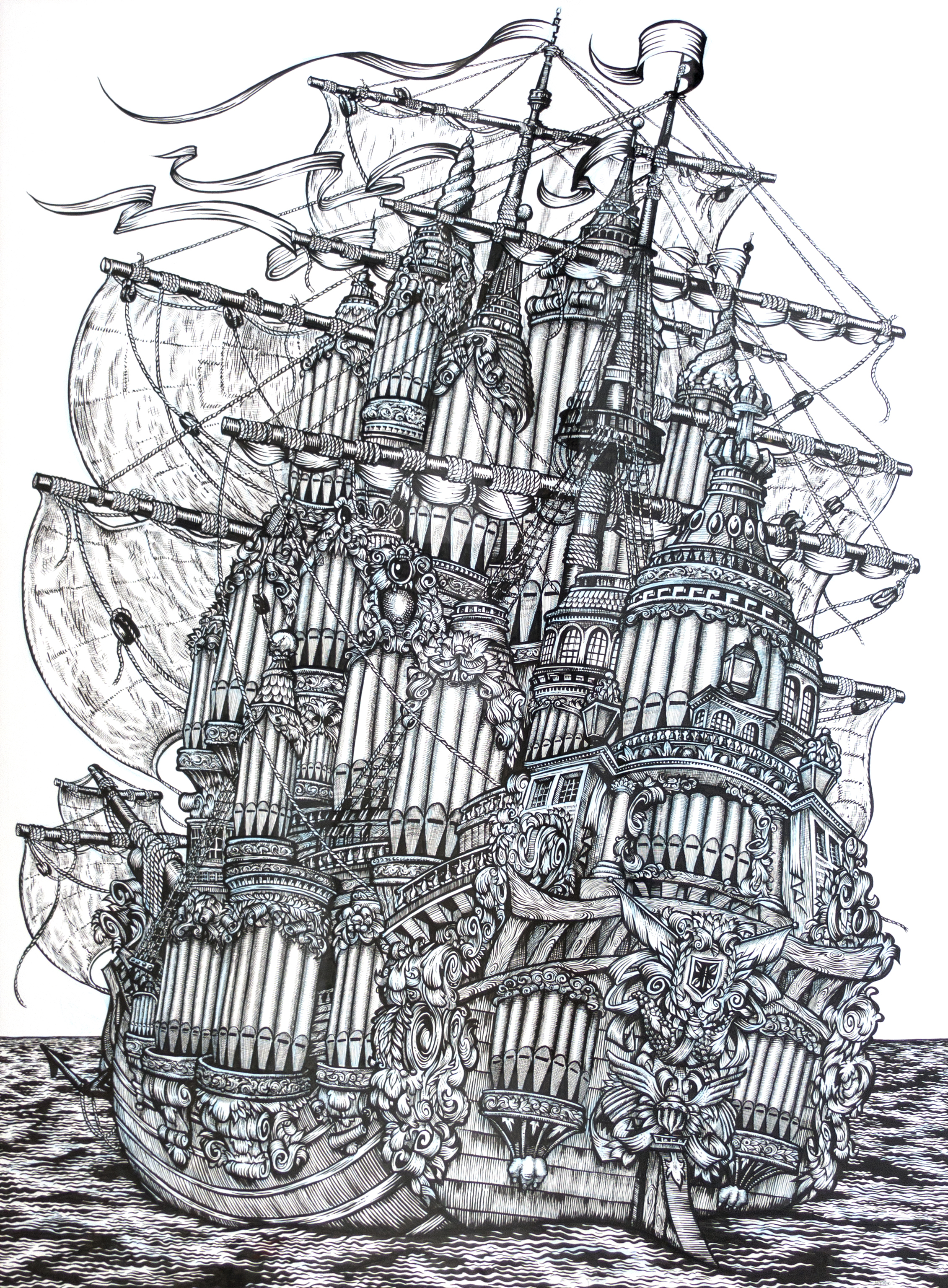36" x 48" ink and pencil drawing of ship organ