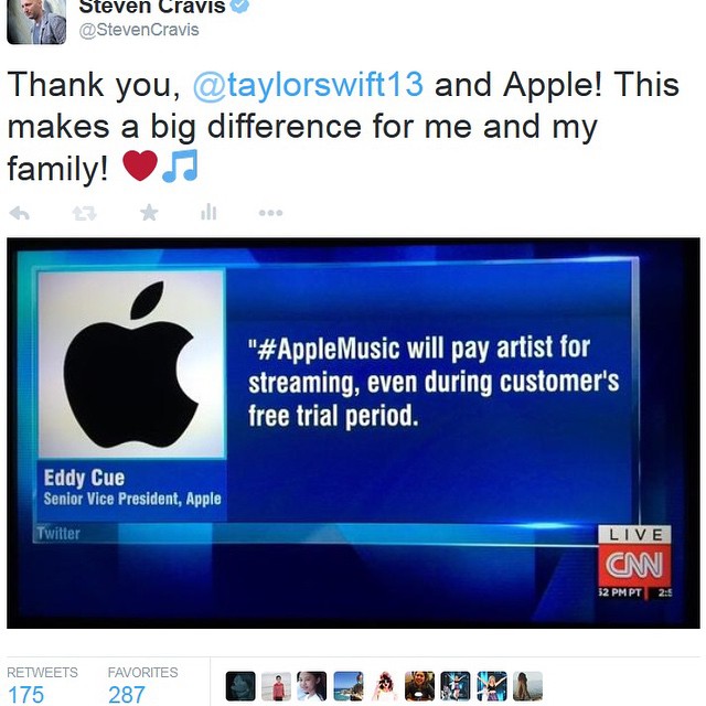 Thank you, Taylor and Apple!
#taylorswift #applemusic #eddycue #cnn #ap https://twitter.com/StevenCravis/status/612879453144809472/photo/1