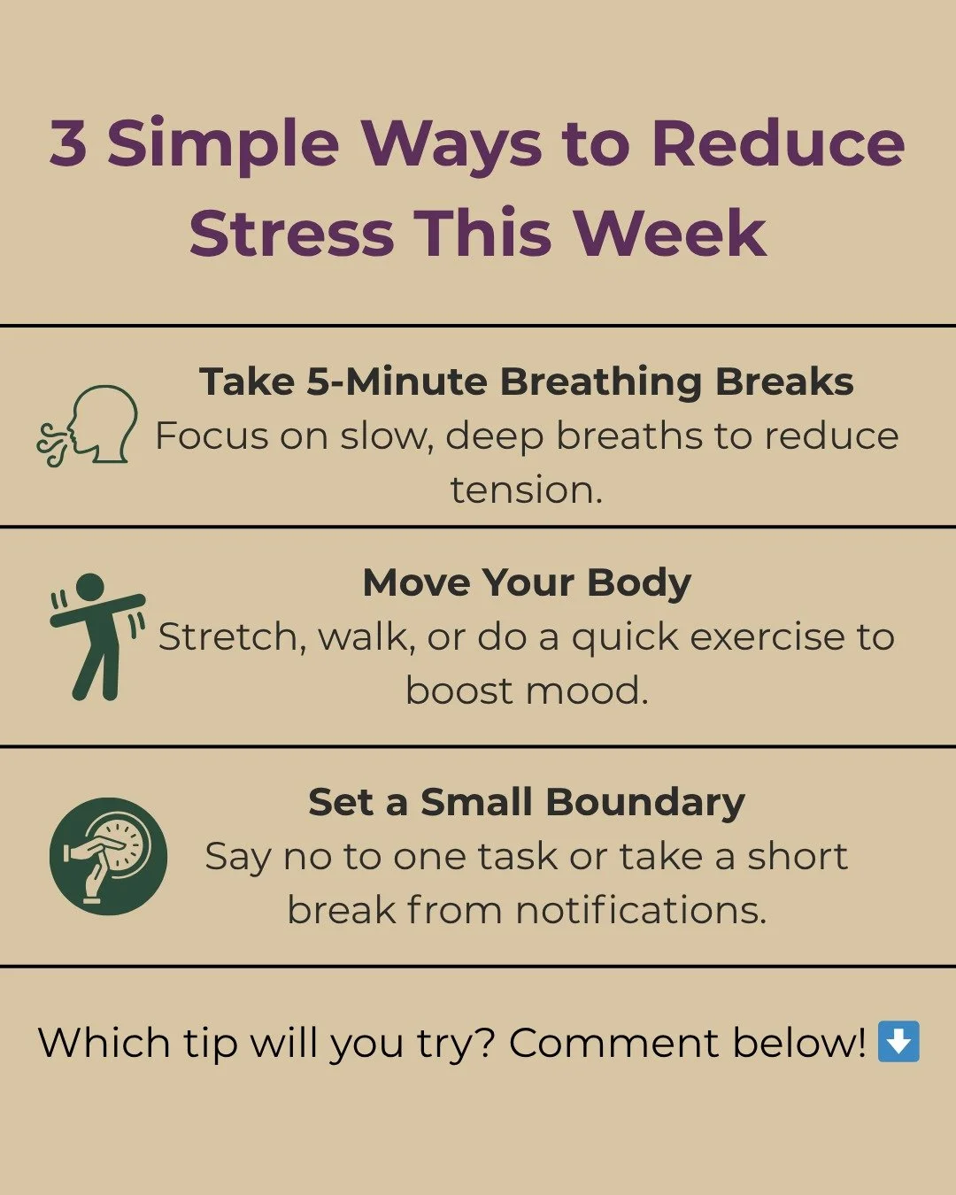 Feeling stressed this week? 😣 Here are 3 quick ways to reset your mind and reduce tension.

1️⃣ Take 5-minute breathing breaks
2️⃣ Move your body
3️⃣ Set a small boundary

Which one will you try first? Comment below and let us know! 💬

At FIG, we p
