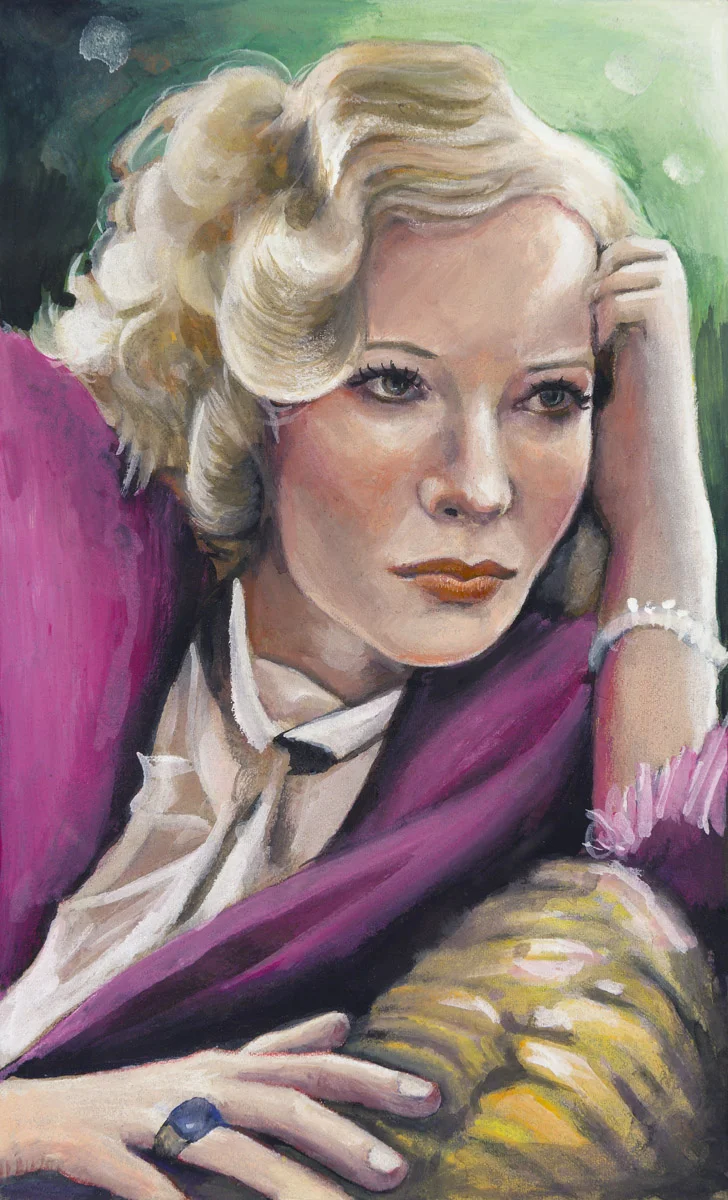 Cate Blanchet as Katherine Hepburn in “The Aviator” 2004 Gouache on paper, 13cm x 8cm Academy Award for Best Actress in a Supporting Role. Wikipedia As always, liberties have been taken. Some of the history is unreliable in chronology and questionable in terms of accuracy. Hepburn may have been the love of his life, but it may be overstated here to build up Blanchett’s role. Sydney Morning Herald, 12 February 2005 “Representing Kate in the same medium, film, in which she existed was very daunting,” Ms Blanchett said. “But because she was so private and few people really knew her, we basically know Hepburn only through her films,” she adds. “So of course you have to give a nod to her screen persona when playing her.”…….. Not a fan of written biographies, “which are usually more about the writer than the subject,” she said, Ms Blanchett embarked on her own eclectic research.”…… As an actor, you do your homework,” she said, “but then you have to be courageous enough to trim it back because in the end, what it’s all about is having the audience believe you are who you say you are.” The New York Times , 12 Dec, 2004