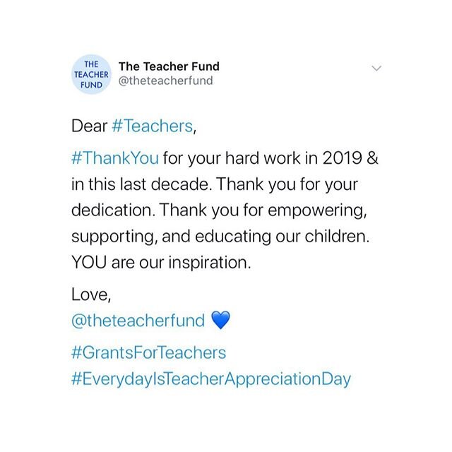 THANK YOU TEACHERS 💙
Love, @theteacherfund
.
.
#ThankYouTeachers #GrantsForTeachers #WeLoveTeachers #TheTeacherFund #EverydayIsTeacherAppreciationDay #TeacherAppreciation #TeachersOfInstagram #HappyNewYear #2020