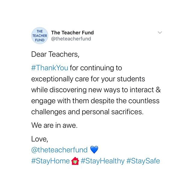 THANK YOU TEACHERS 💙
Love, @theteacherfund
.
. 
#StayHome #StaySafe #StayHealthy #TeachingFromHome #Homeschooling #OnlineTeaching #ThankYouTeachers #GrantsForTeachers #WeLoveTeachers #TheTeacherFund #EverydayIsTeacherAppreciationDay 
#TeacherAppreci