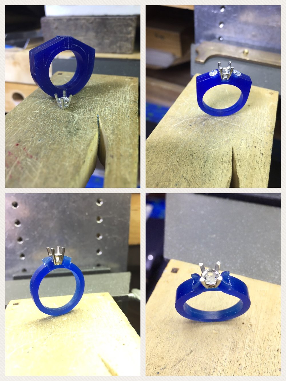 The next few steps include mapping out the placement of the side stones and determining the angles to be cut out for the center stone setting (head). Then the semi-bezels are created and we shape the shank (band) portion of the ring to blend it in with the other elements of the design.