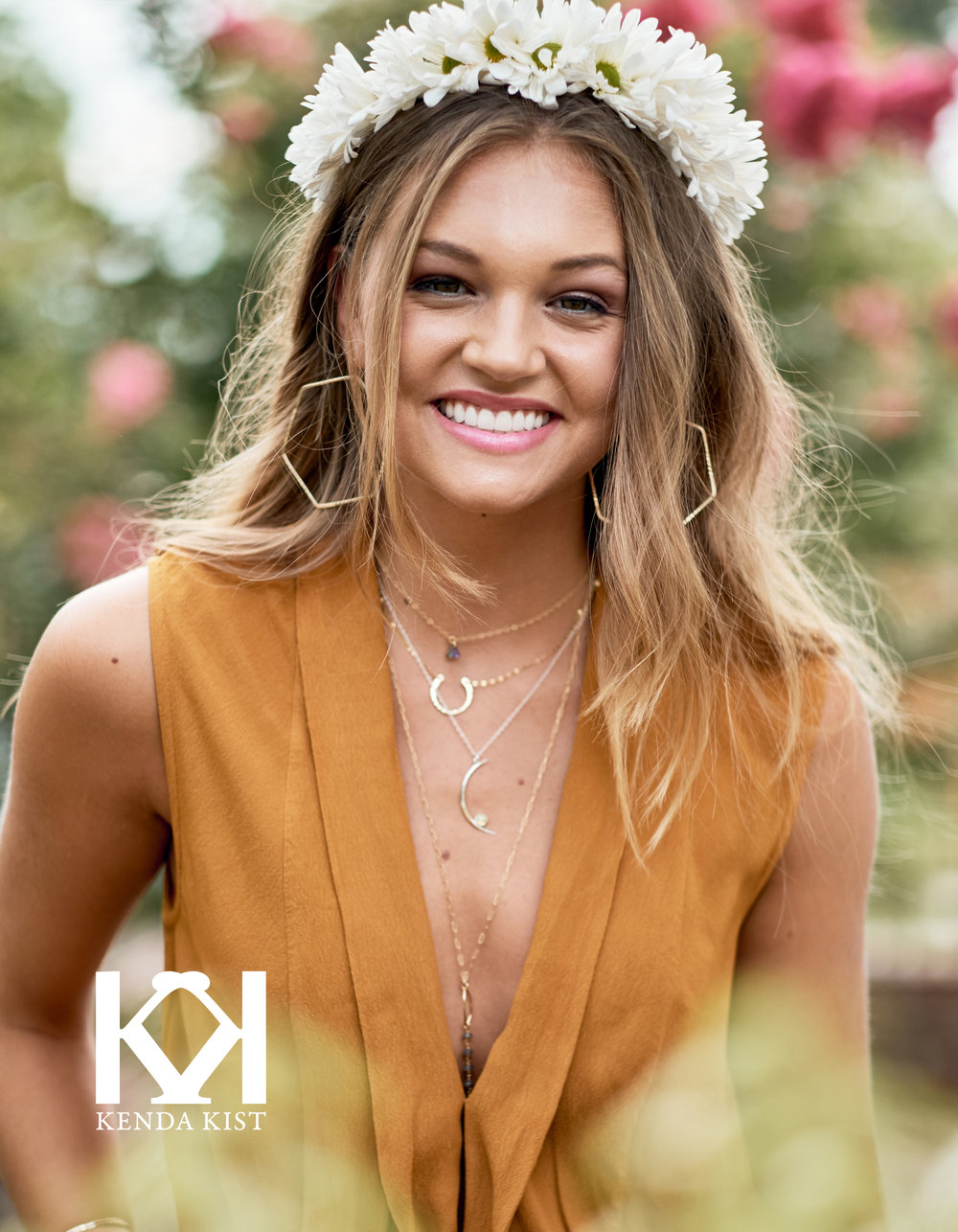 Model wears  Large Hexagon Hoops ,  Tiny Dancer ,  Lucky Charm Necklace ,  Lunar Pendant , and  Chain Lab Lariat