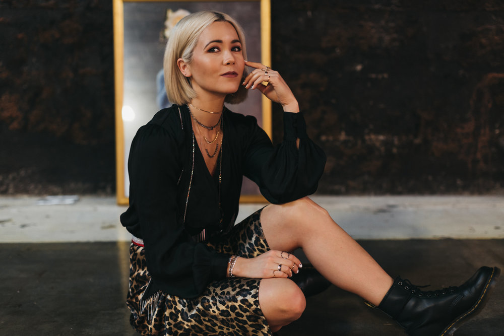 Megan wears the twisted neck wire, the Janis , and the Gwen