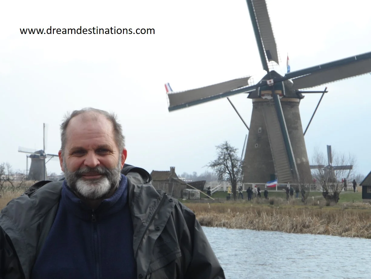 Hank on a Tulip Time Cruise with the windmills in the Netherlands—certainly a million dollar view!