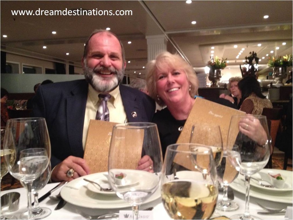 Anne and Hank Schrader at the Captain’s Table on an AmaWaterways cruise