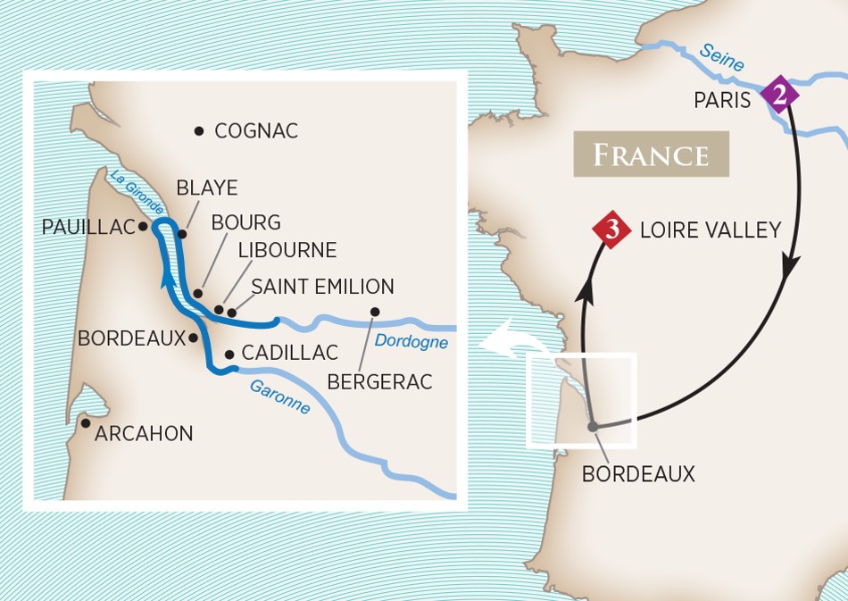 A typical Bordeaux cruise route. Map from AmaWaterways