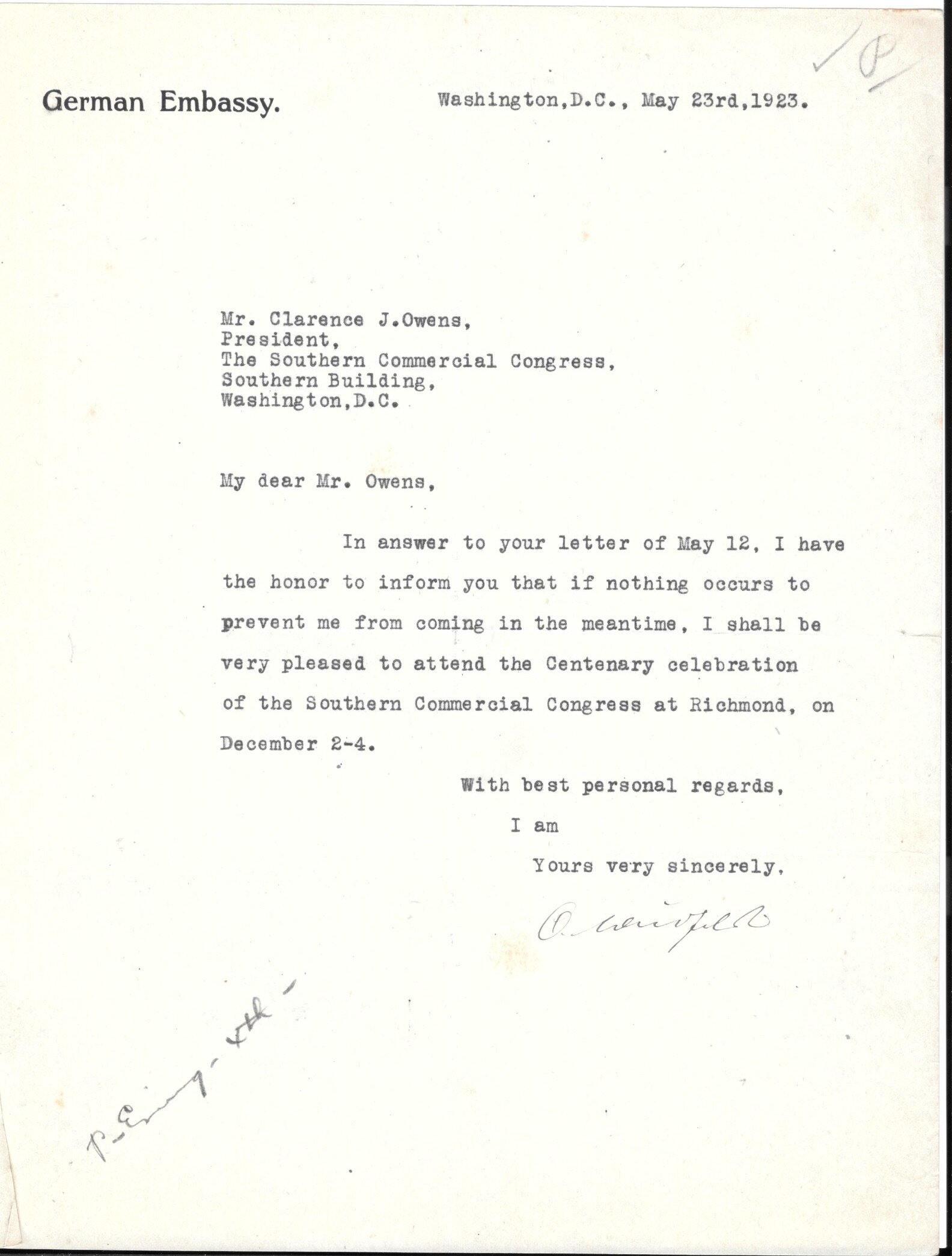 Ambassador of the Weimar Republic to the U.S Otto Weifeldt Signed Typed Letter 1923