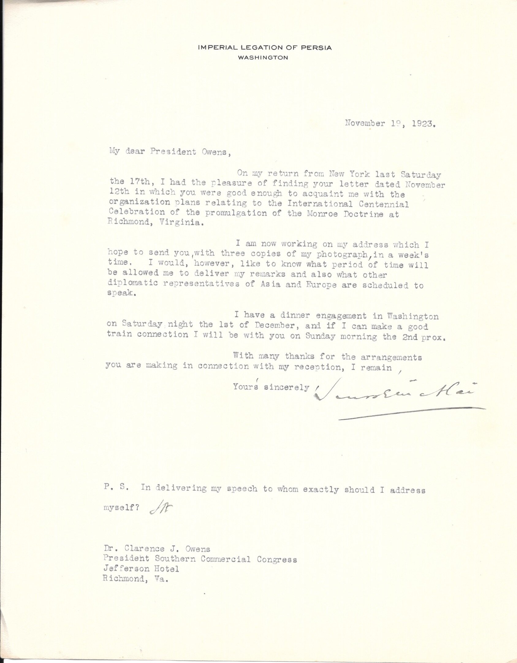 Ambassador of Imperial Legation of Persia to the U.S Hossein Alai Signed Typed Letter 1923