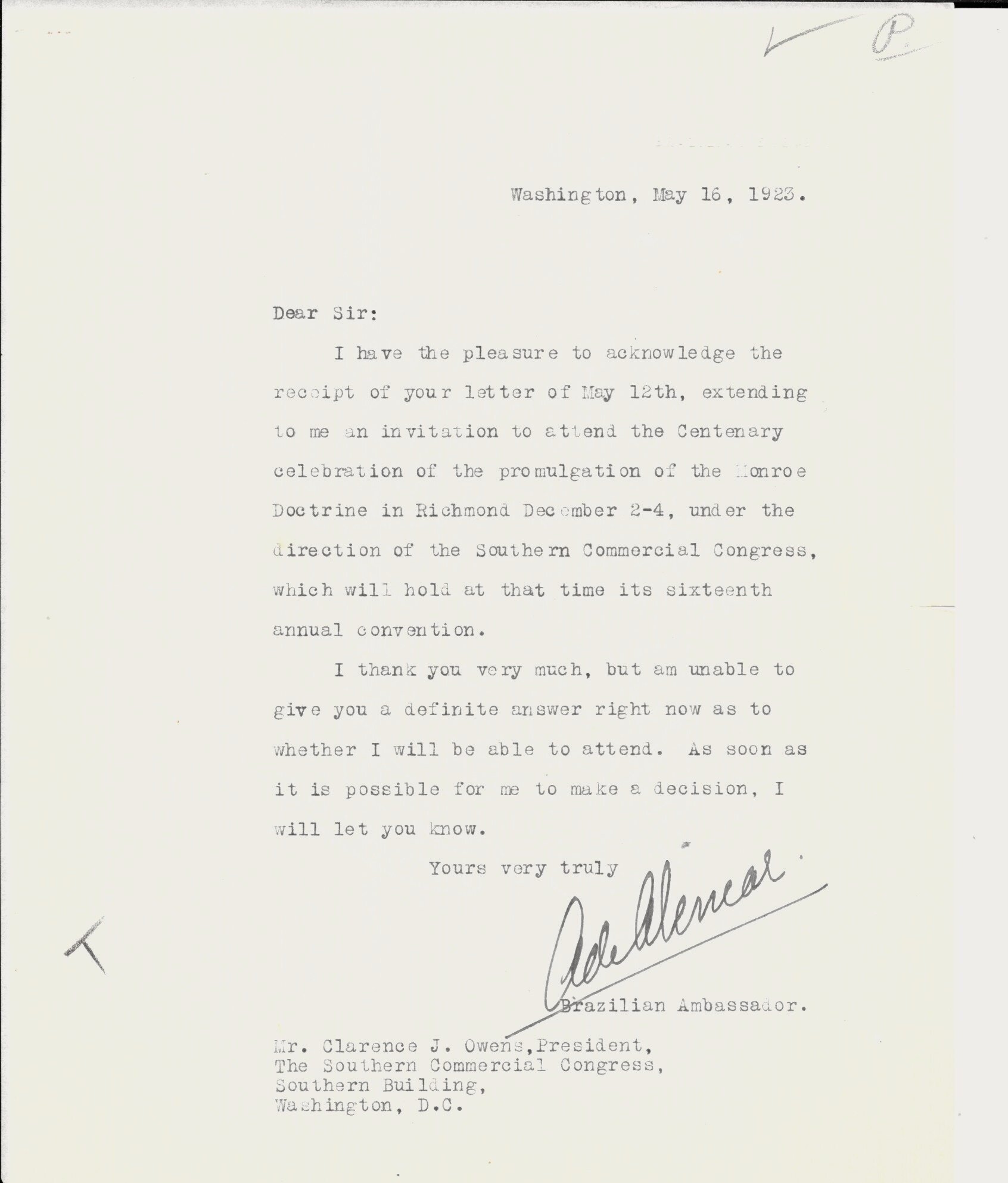 Ambassador of Brazil to the United States Augusto Cochrane de Alencar Signed Letter 1923