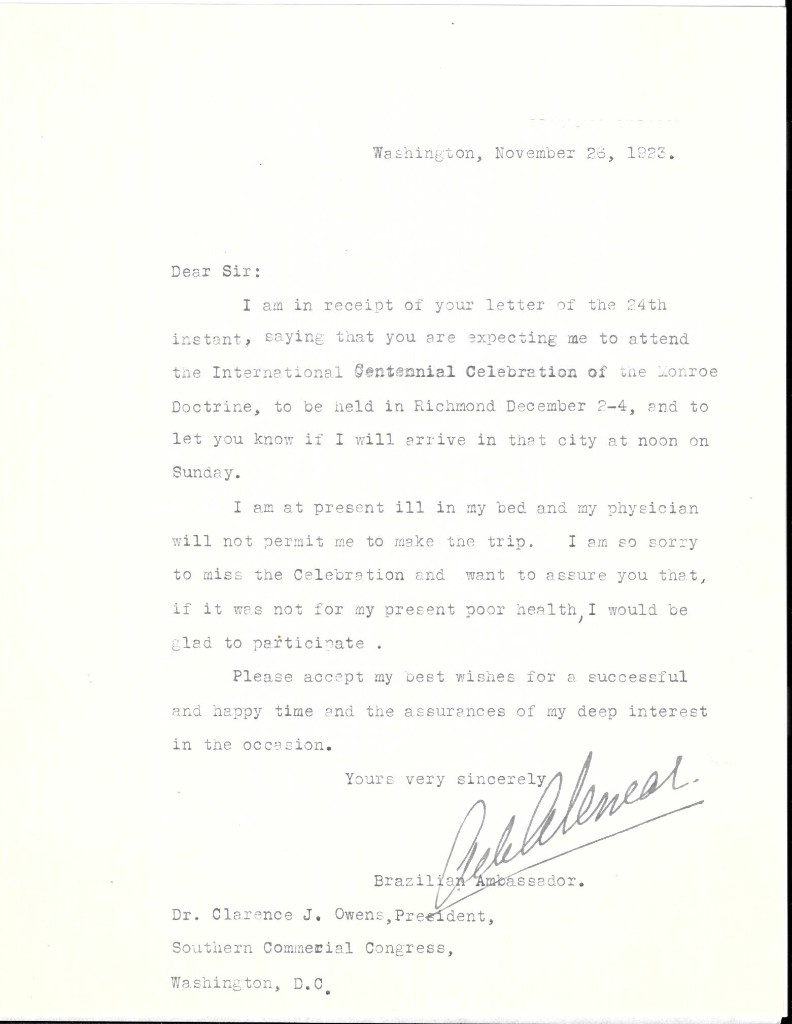 Ambassador of Brazil to the United States Augusto Cochrane de Alencar Signed Letter 1923