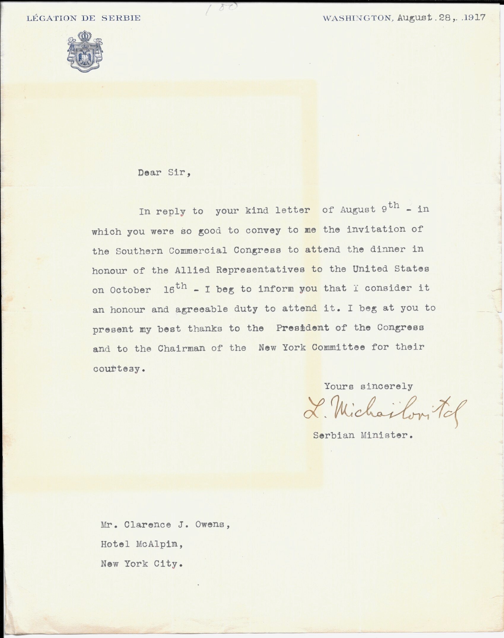 Ambassador of Serbia to USA Lioubomir Michailovitch Signed Letter 1917