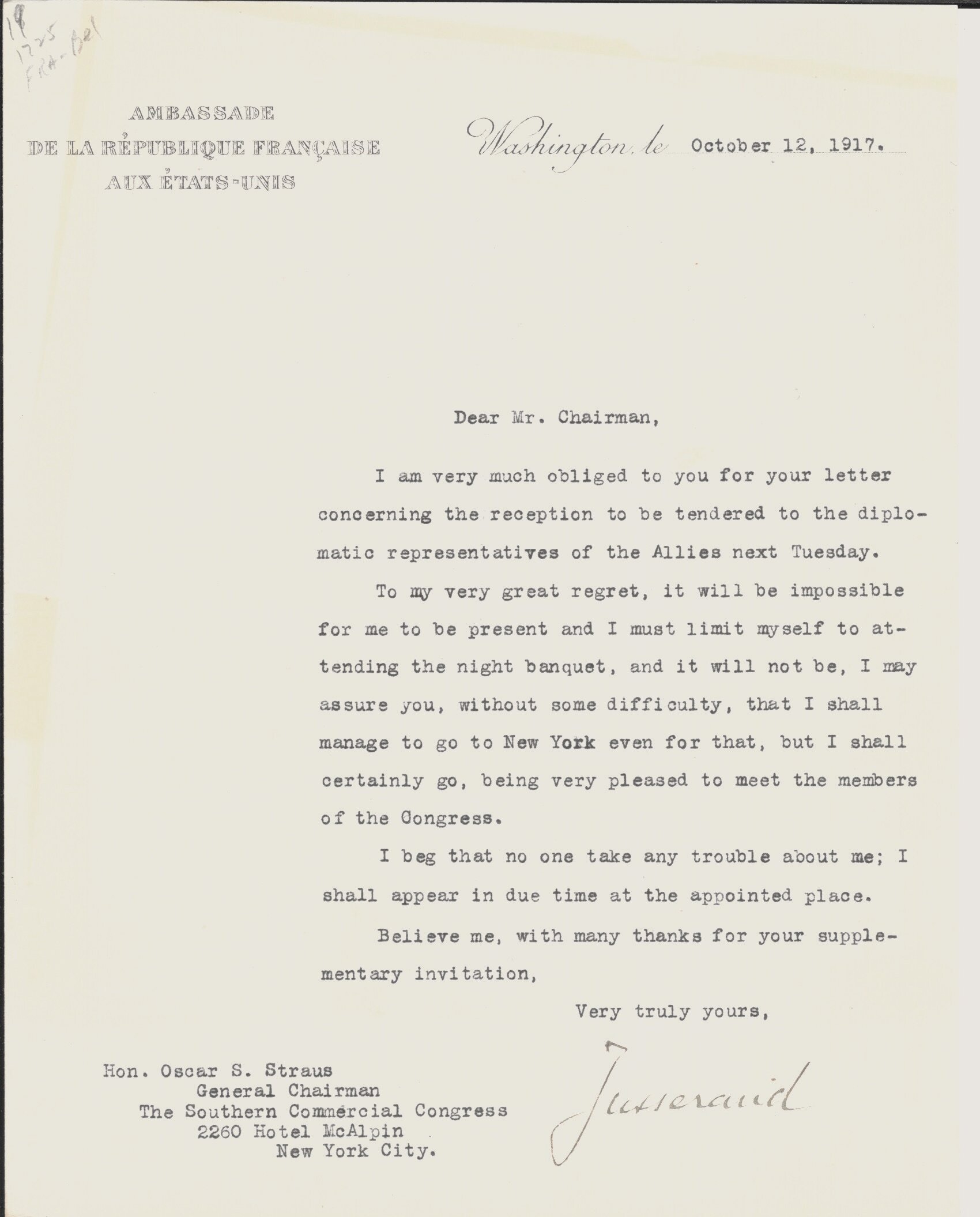 Ambassador of France to USA Jean Jules Jusserand  Signed Letter 1917