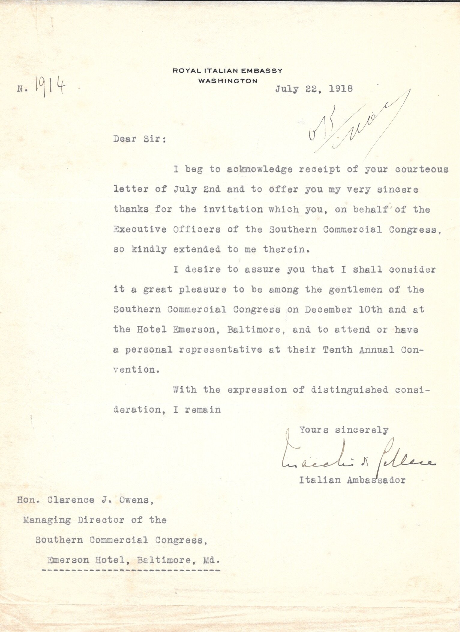 Ambassador of Italy to USA Vincenzo Macchi di Cellere Signed Letter 1918