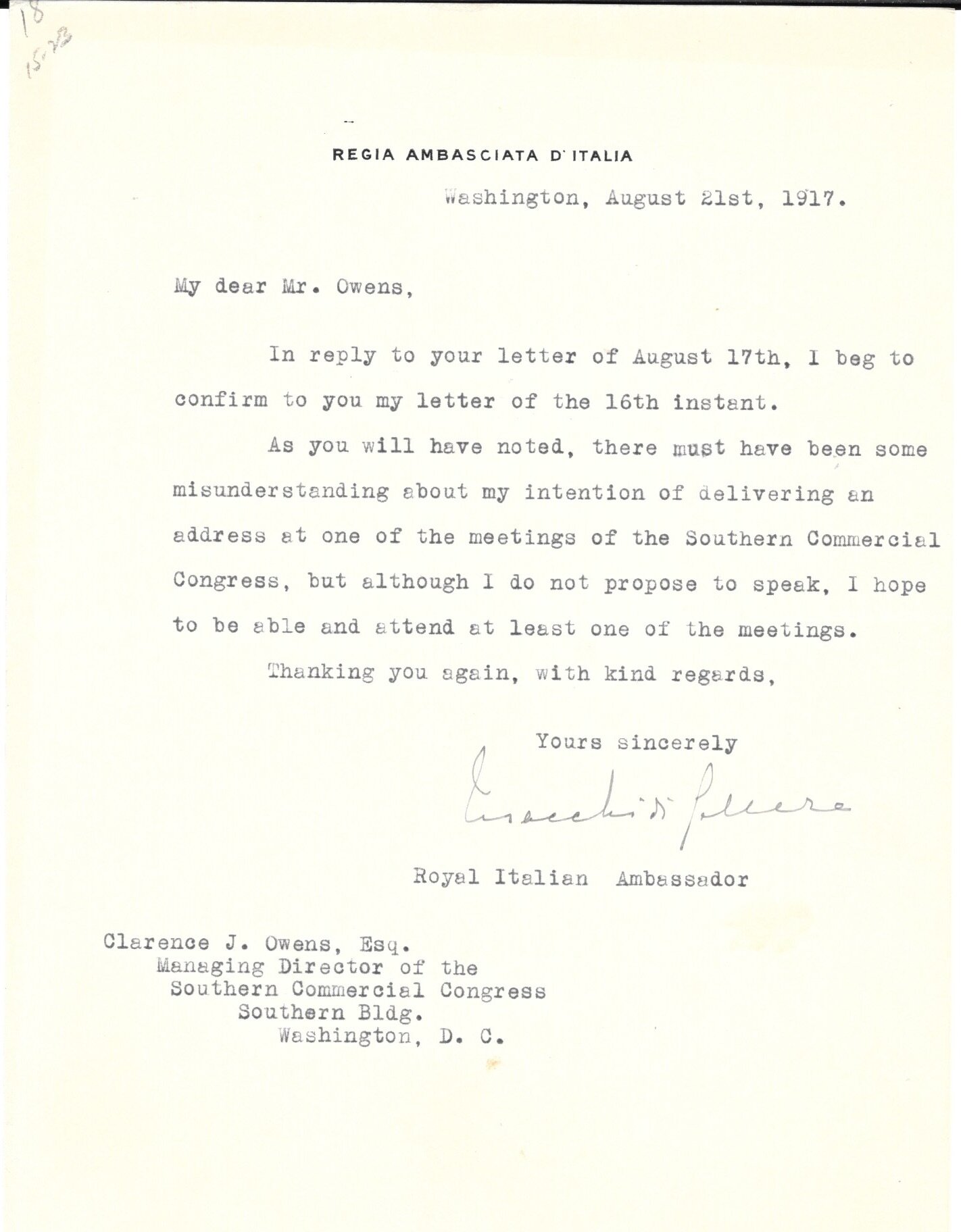 Ambassador of Italy to USA&nbsp;Vincenzo Macchi di Cellere&nbsp;Signed Letter 1917