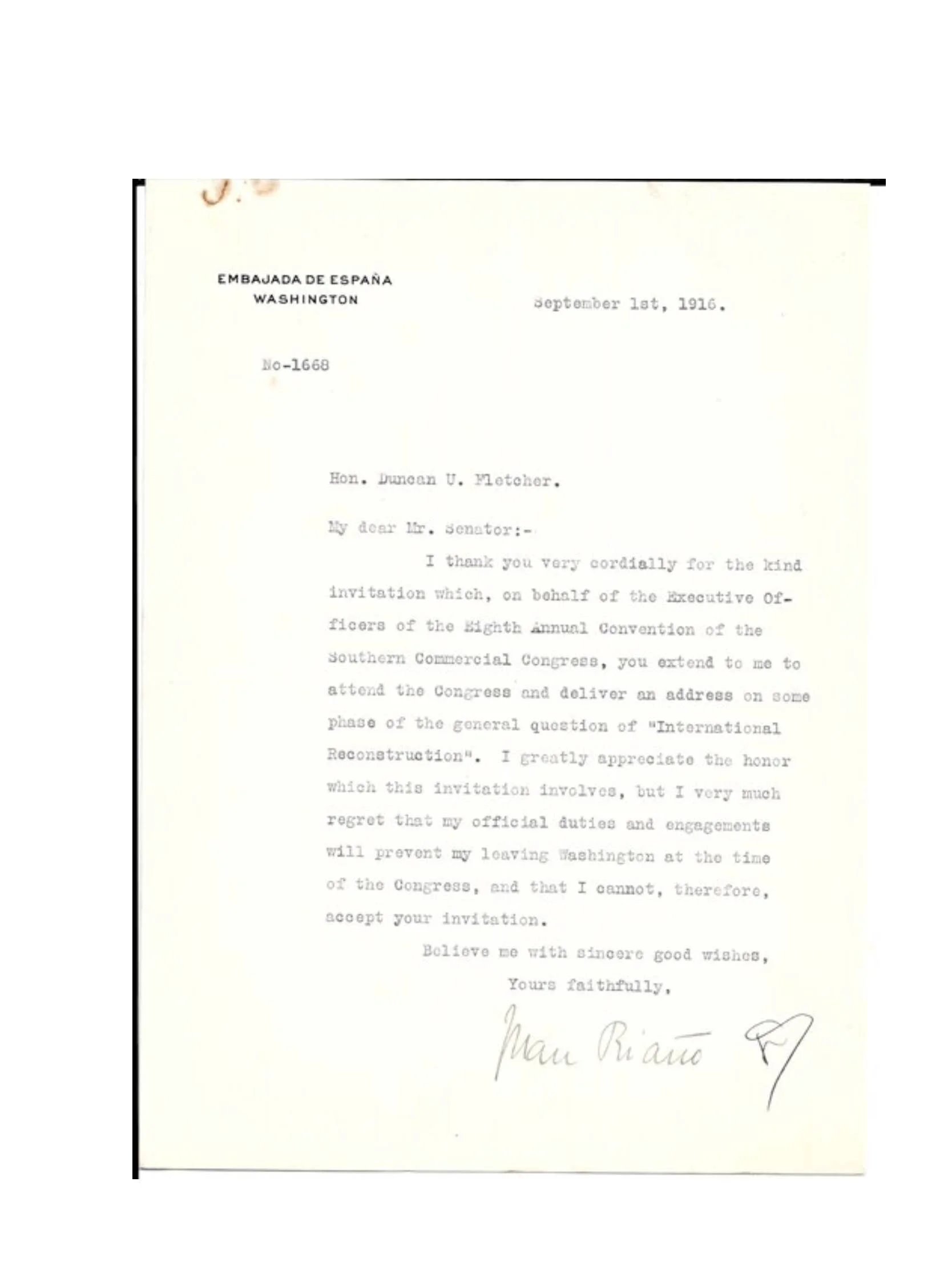 Ambassador of Spain Juan Riaño y Gayangos Signed Typed Letter 1916 