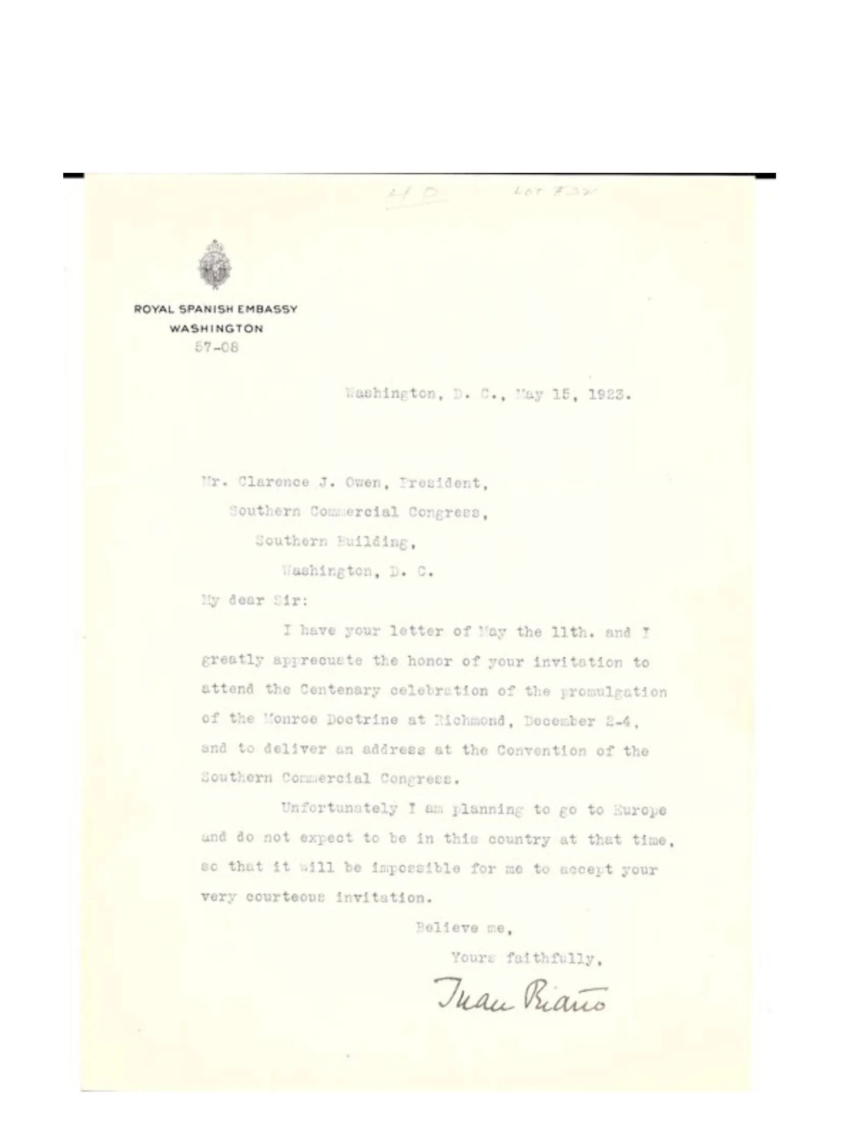 Ambassador of Spain Juan Riaño y Gayangos Signed Typed Letter 1923 