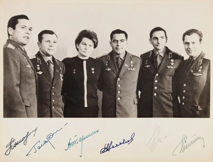 Cosmonaut Gagarin Titov Popovich Nikolaev Tereshkova Bykovsky Signed B&W Photo
