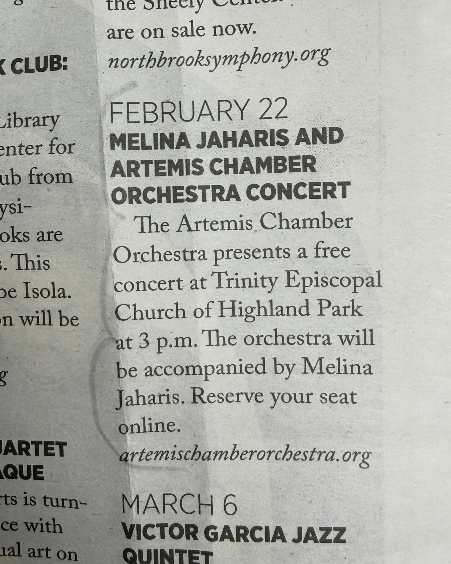 Chicago! Join us for a (free) solo concert on this Sunday February 22nd at 3pm!  This is a newspaper clipping someone mailed to my mom  which I love

Wild to be singing under the baton of practically family, Greek school friend since age 2, Maestra D