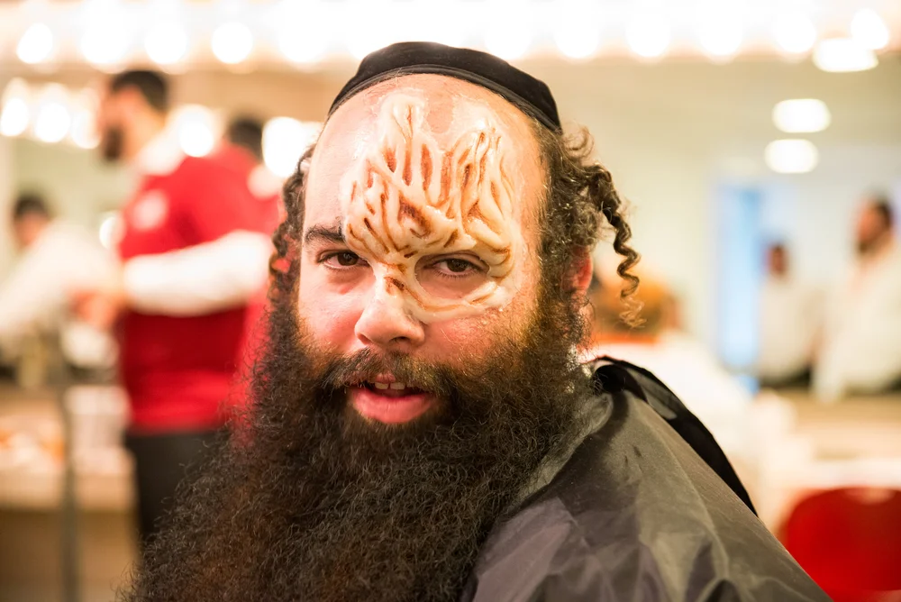 Close-up of prosthetic burn-scar makeup