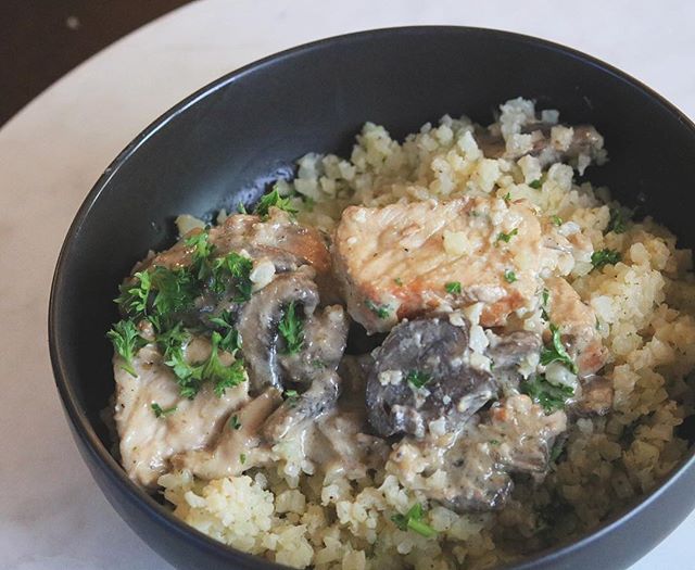 Creamed Pork and mushrooms (no canned soup!) Sear pork loin in coconut Oil and remove. Add some onions some mushrooms some garlic some cream and some salt and pepper and let it simmmmmmer. Once it&rsquo;s nice and creamy add back your pork chops and 