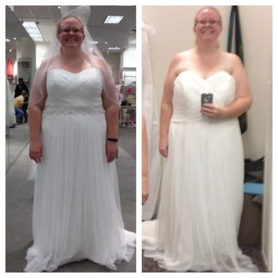 Left: the first time I tried on my wedding dress. Right: When I went in for my first fitting, after losing almost 40 pounds.