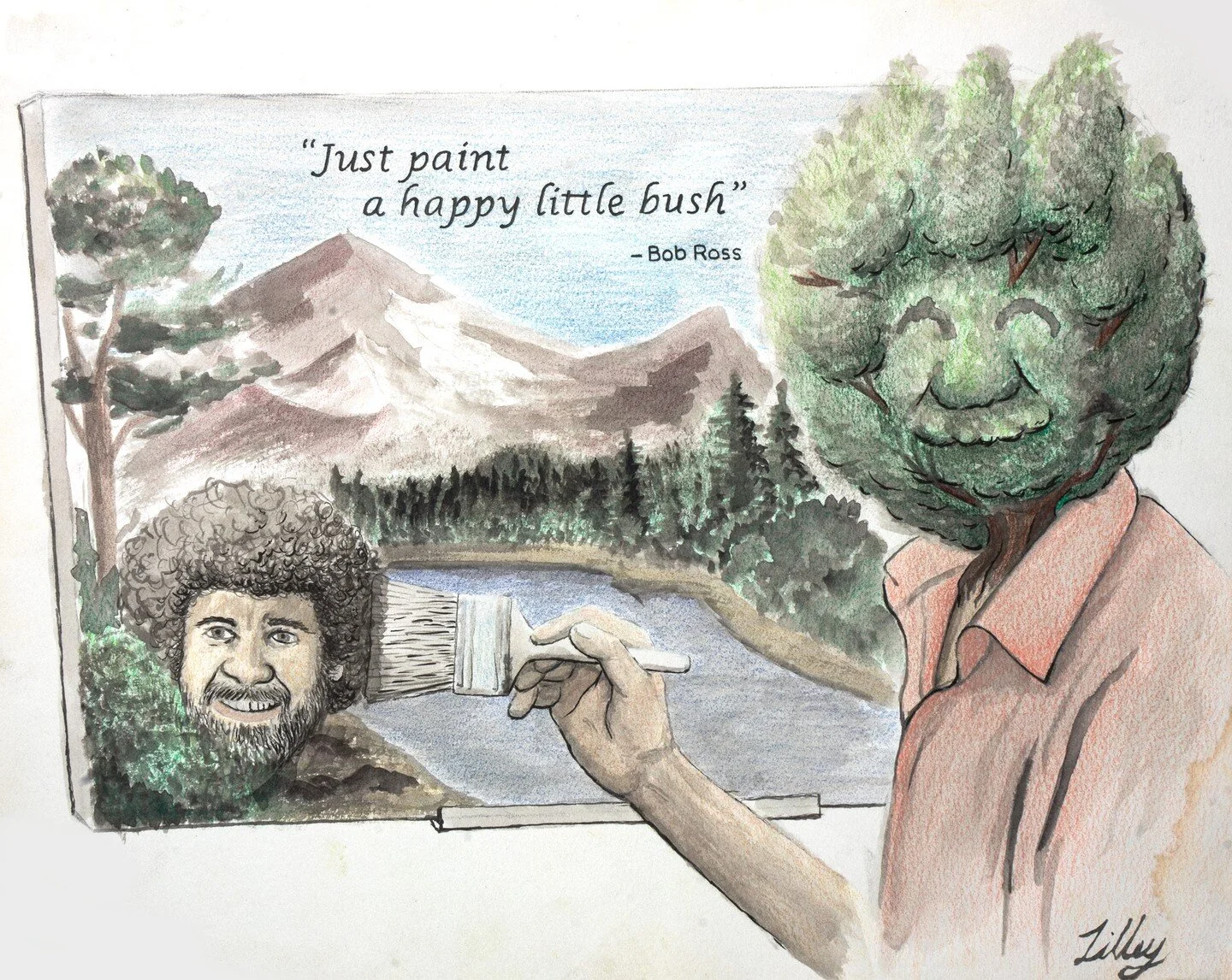 Another throwback illustration in honor of one of the greats. An odd combination of India ink, micron pen, and colored pencil. Smooth shading with textured color, what do you think?

#illustration #bobross #inspiration #art #ink #coloredpencil #paint