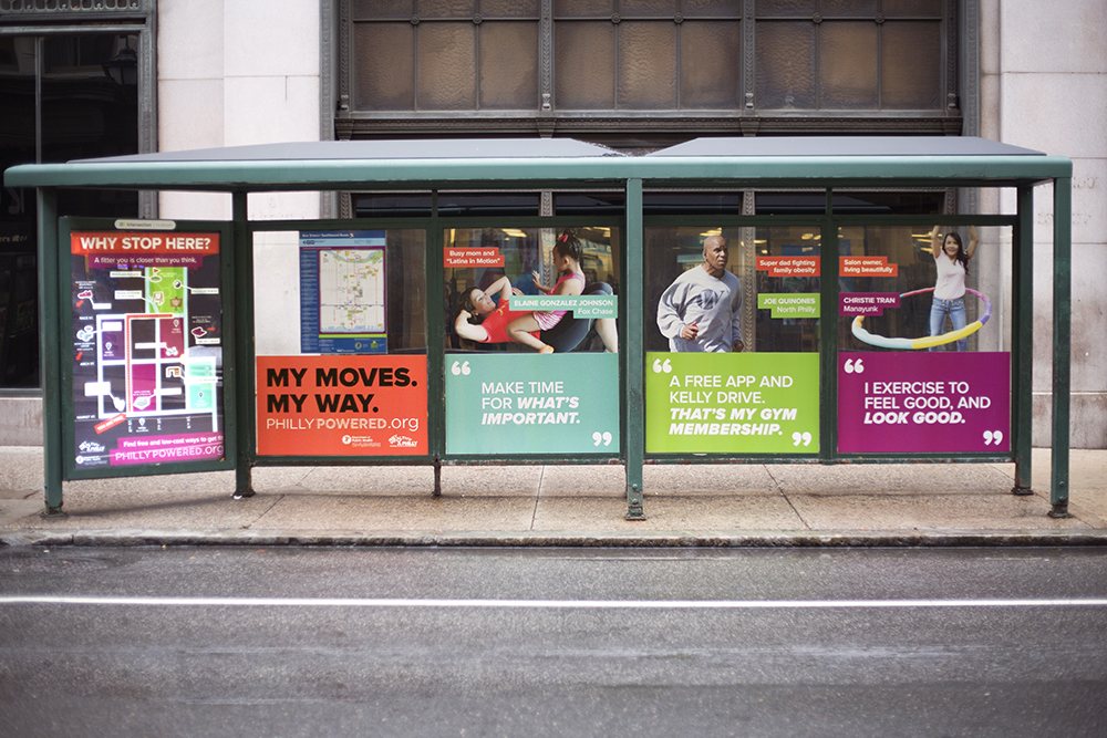  Bus shelter wrap at 8th and Market, with a map pointing out free and low-cost fitness ideas nearby. 